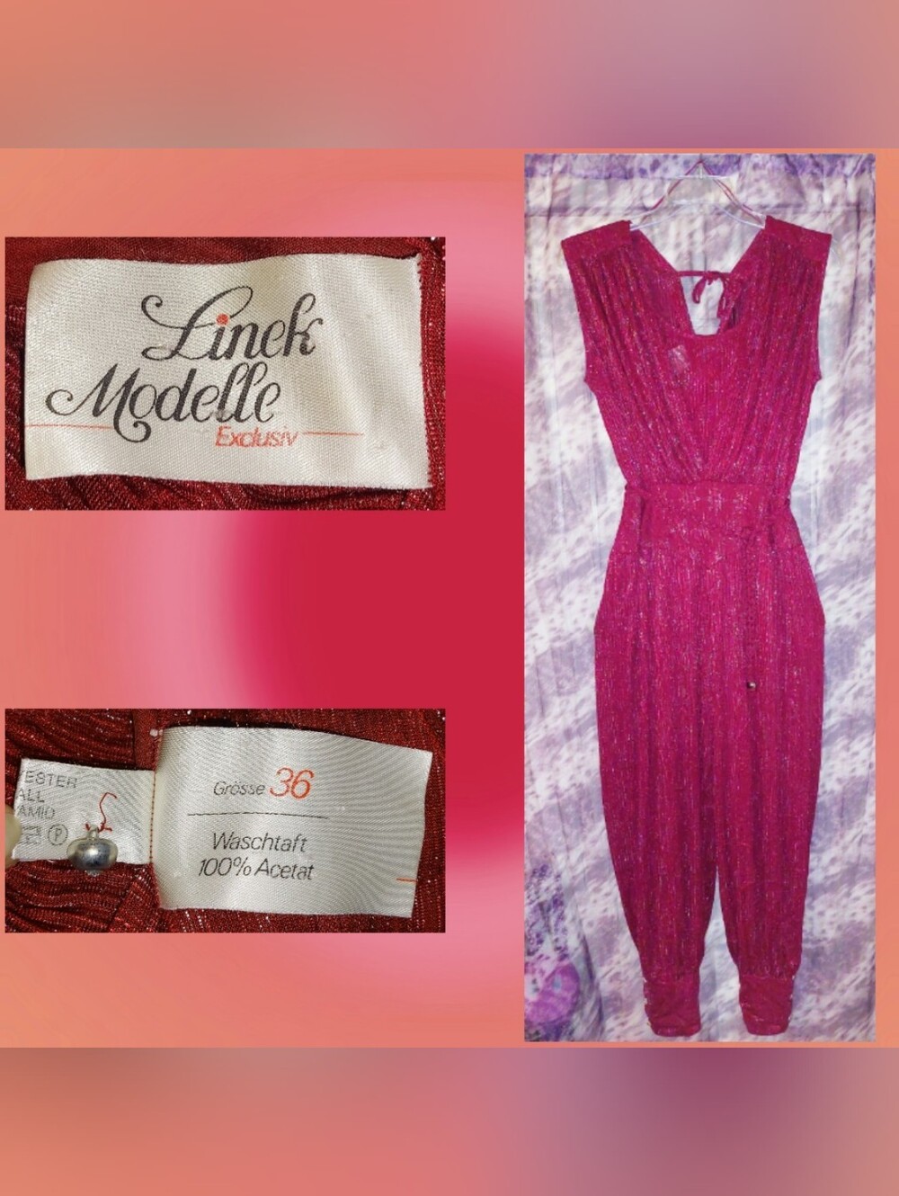 Linek Modelle Burgundy Shimmery Pinstripes w/Tapered Legs Jumpsuit 36(Sml/Med)